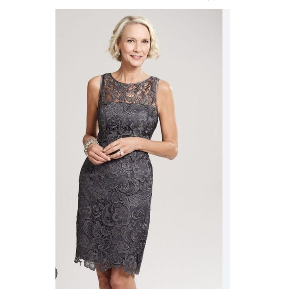 Cache Lace Sheath Dress Gray Sleeveless Round Neck Knee Length Size 8